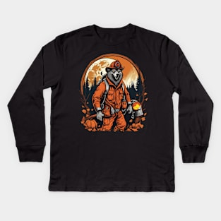 Werewolf fireman with full moon halloween design Kids Long Sleeve T-Shirt